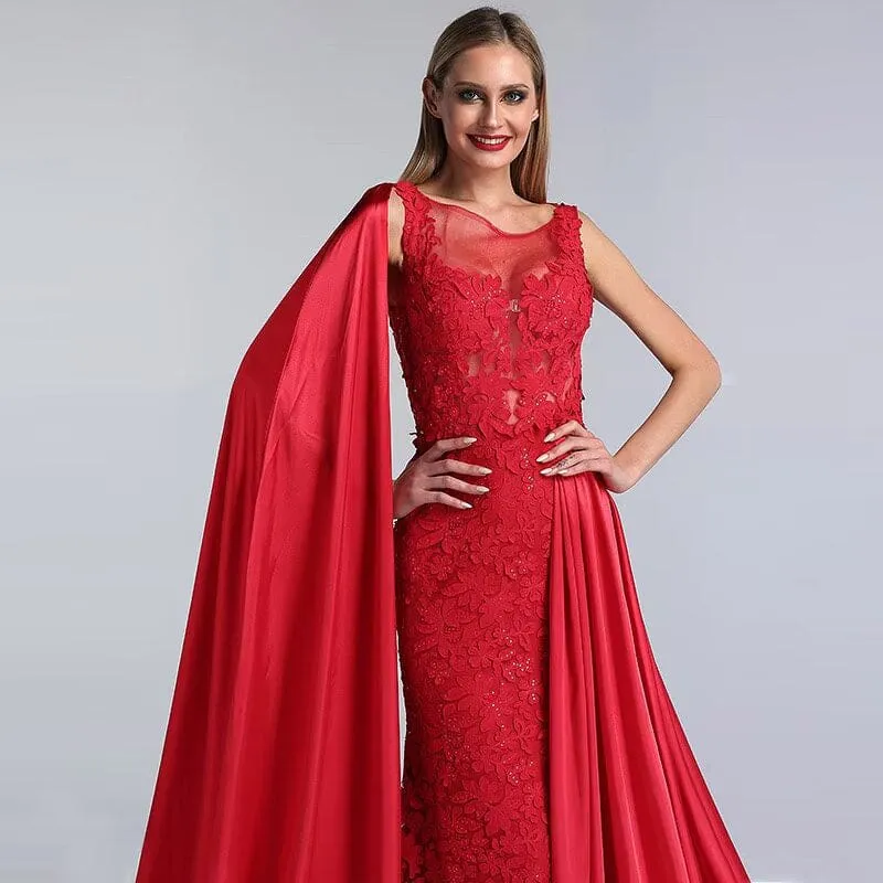 Charmante robe de bal longue trapèze en dentelle rouge imprimée avec traîne élégante
