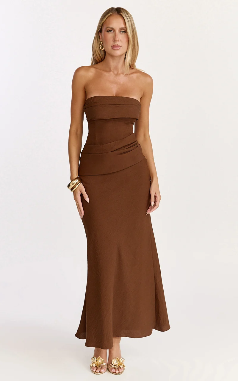 Lottie Midi Dress - Strapless Dress in Chocolate