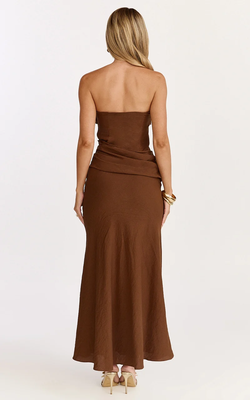 Lottie Midi Dress - Strapless Dress in Chocolate