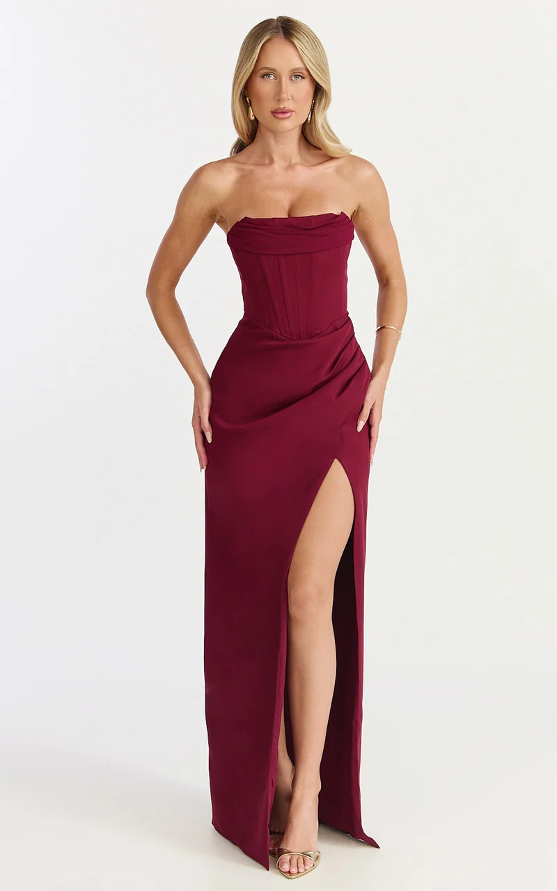 Tara Maxi Dress - Strapless Corset Drape Skirt Dress in Wine