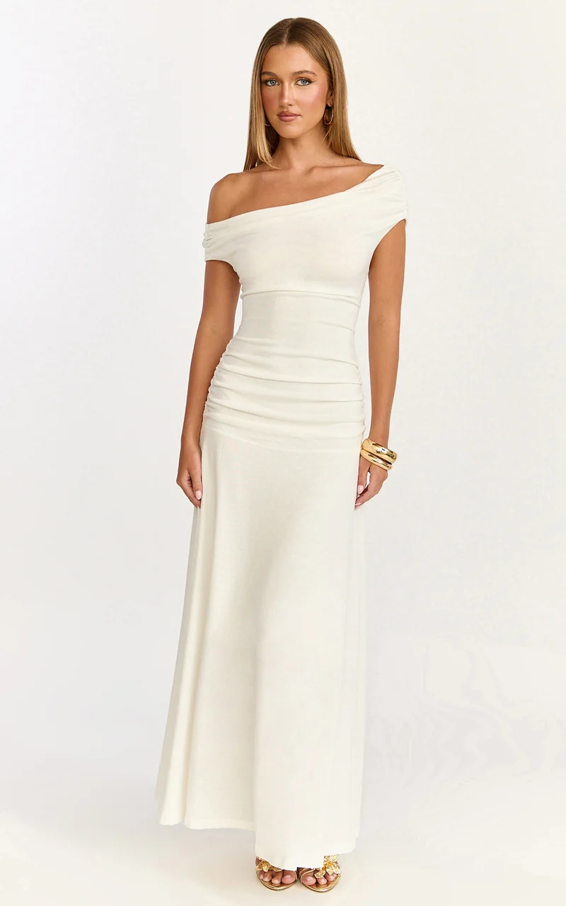 Ophelia Maxi Dress - Off Shoulder Ruched Fit And Flare Dress in Ivory