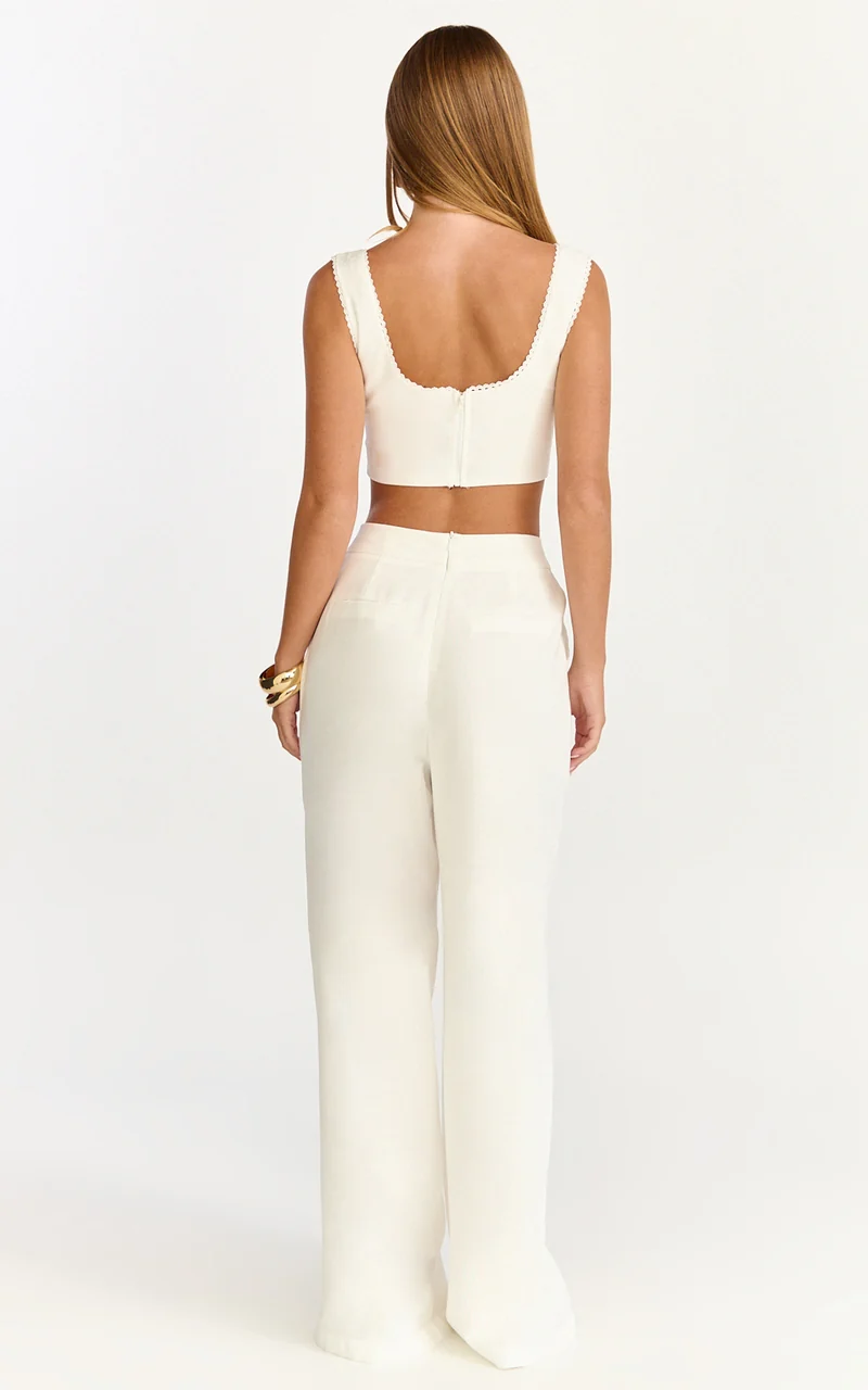 Tessa Two Piece Top and Pants Set - Square Neck Lace Trim Top And Wide Leg Pants in White