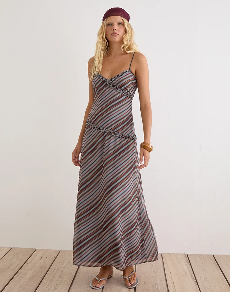 Robe longue Angie en mousseline à rayures diagonales grises et bordeaux