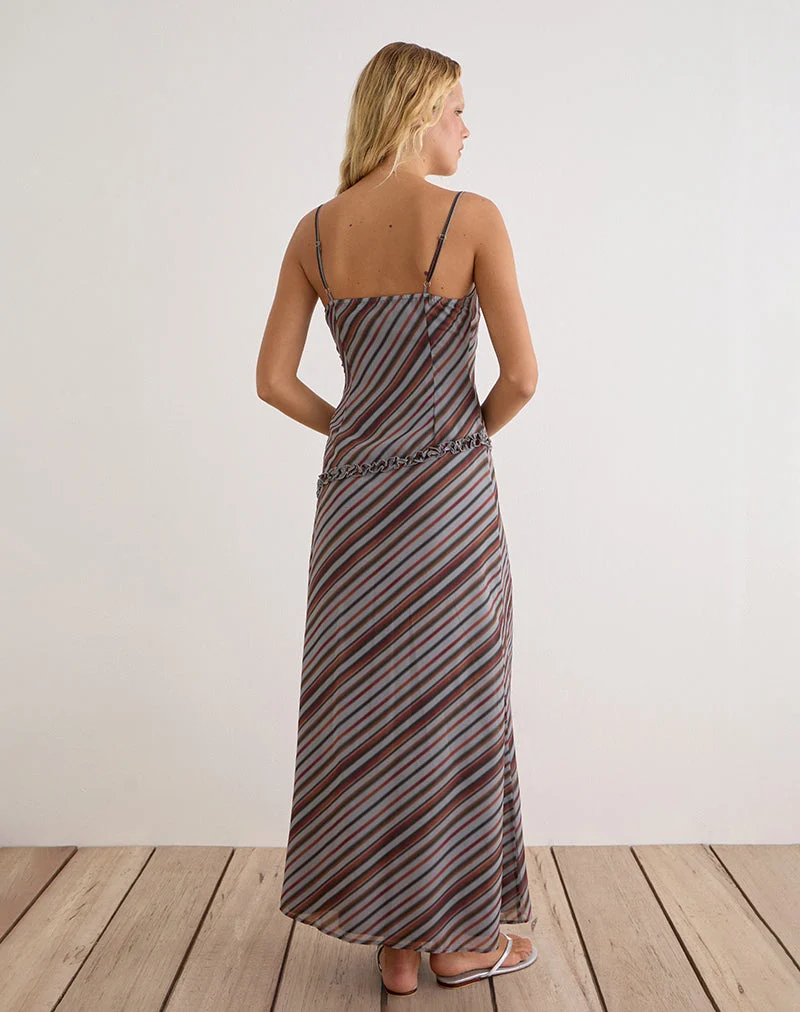 Robe longue Angie en mousseline à rayures diagonales grises et bordeaux