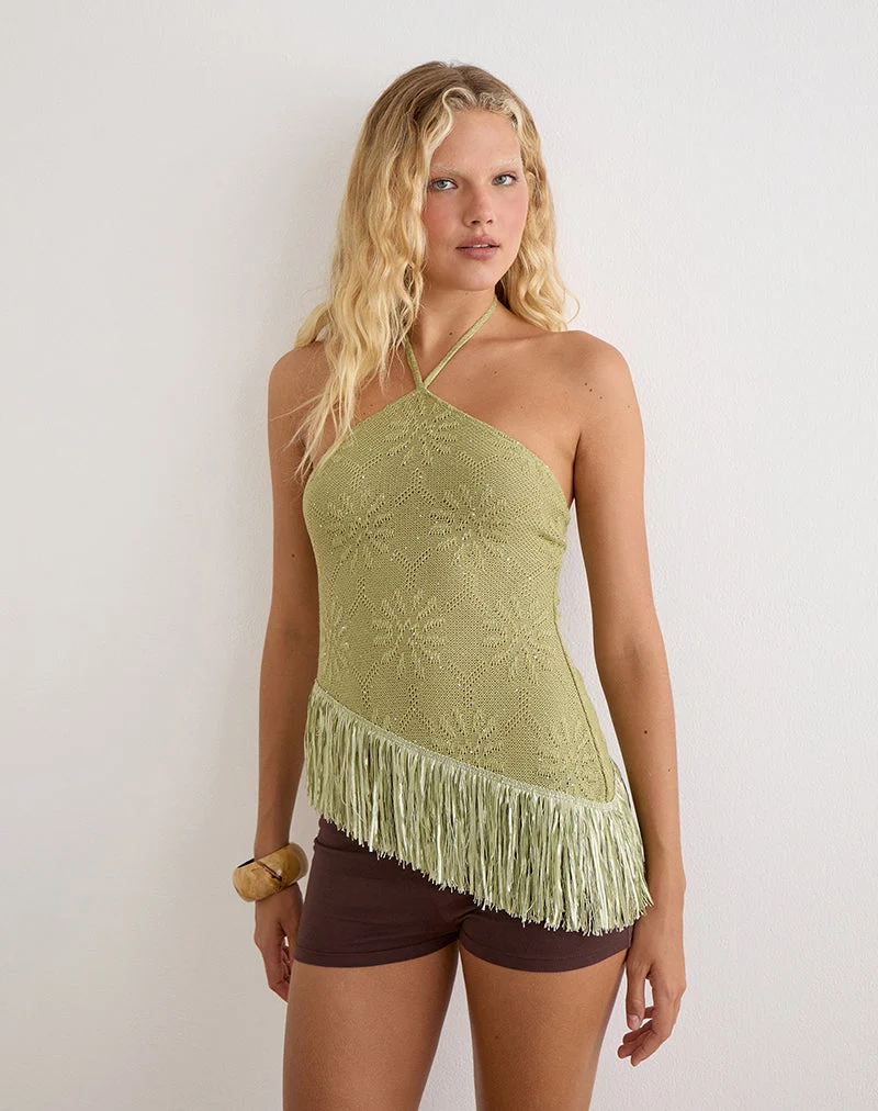 Haut Masina à ourlet frangé en maille à paillettes verte