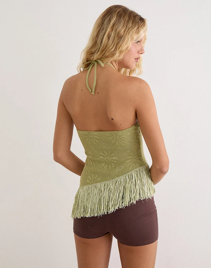 Haut Masina à ourlet frangé en maille à paillettes verte