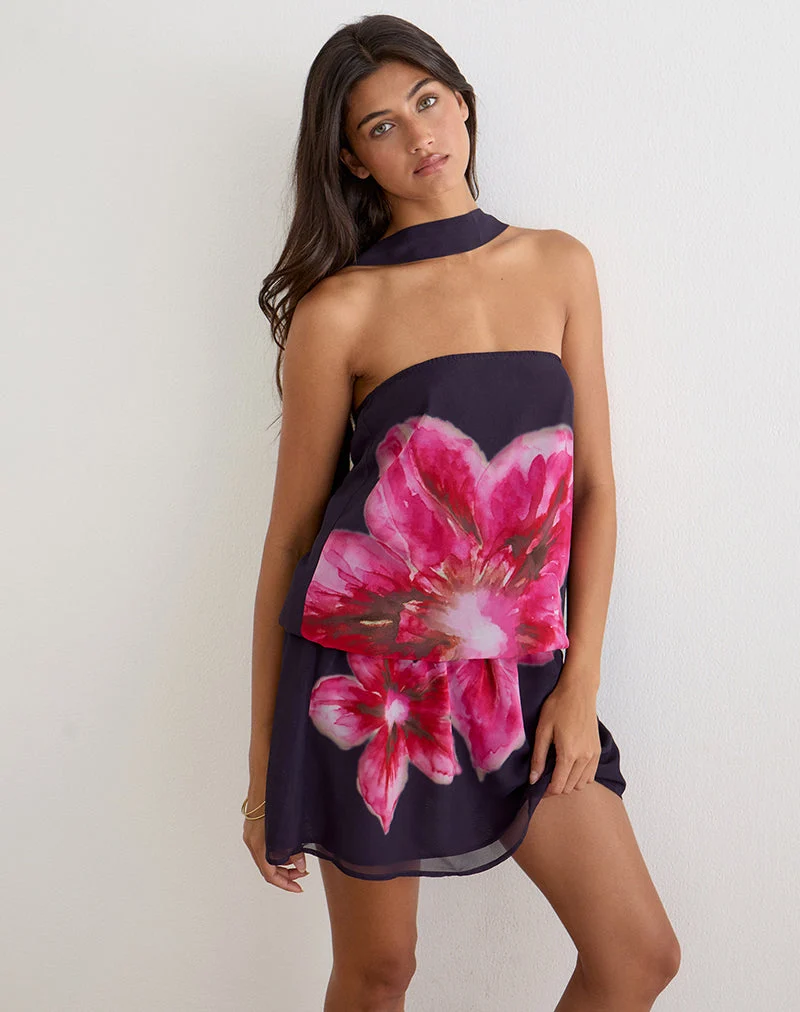 Mini-robe Lilira en mousseline violette avec motif « Fleur du désert »