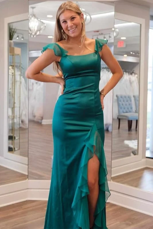 Robe de bal élégante en satin à encolure carrée et lacets avec fente