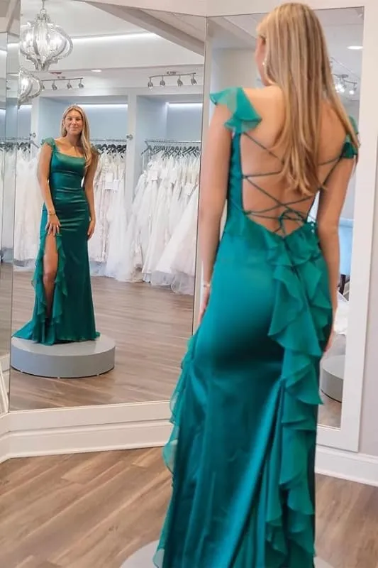 Robe de bal élégante en satin à encolure carrée et lacets avec fente