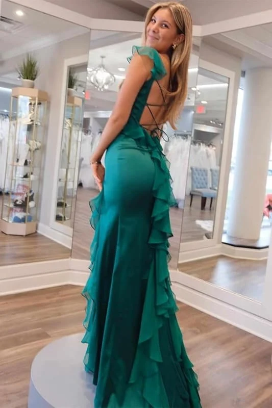 Robe de bal élégante en satin à encolure carrée et lacets avec fente