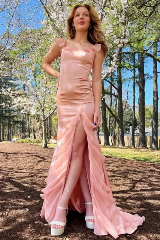 Robe de bal élégante en satin à encolure carrée et lacets avec fente