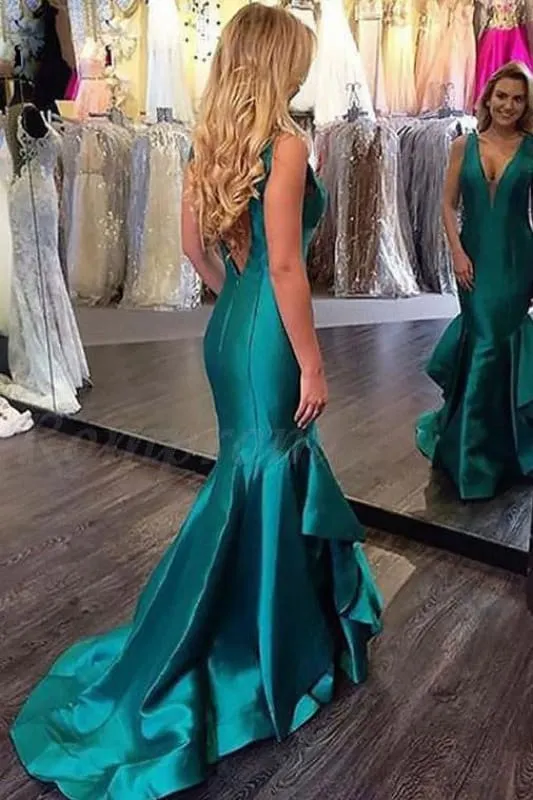 Robe de bal sirène élégante en satin avec col en V et jupe fluide à volants