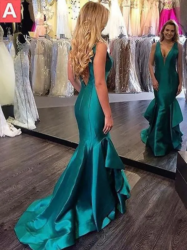 Robe de bal sirène élégante en satin avec col en V et jupe fluide à volants