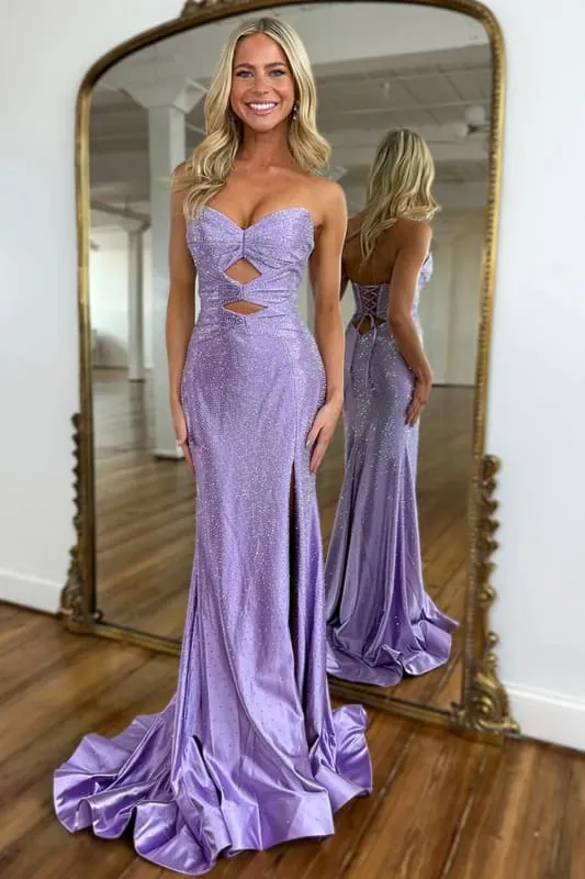 Robe de bal sirène scintillante à décolleté en cœur et diamants avec fente sur le devant et lacets