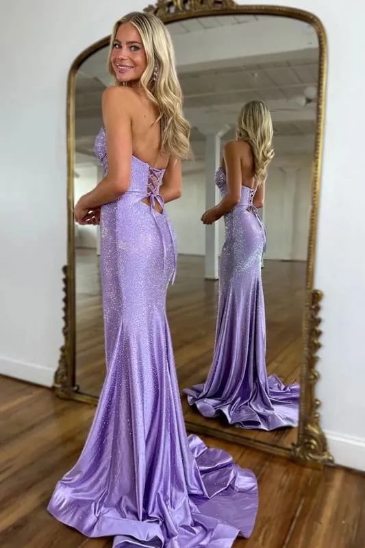 Robe de bal sirène scintillante à décolleté en cœur et diamants avec fente sur le devant et lacets