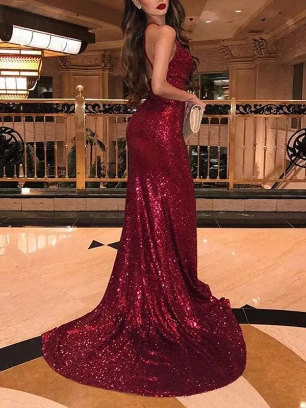 Robe de bal élégante sans manches à col en V avec volants et paillettes scintillantes