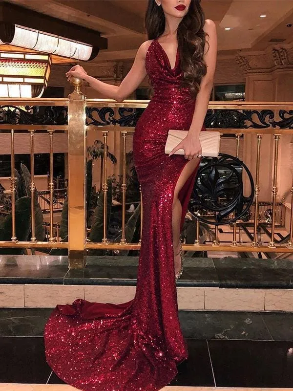 Robe de bal élégante sans manches à col en V avec volants et paillettes scintillantes