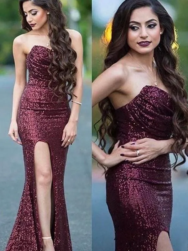 Robe sirène scintillante à décolleté en cœur : robe de bal sans manches à volants et sequins avec traîne élégante
