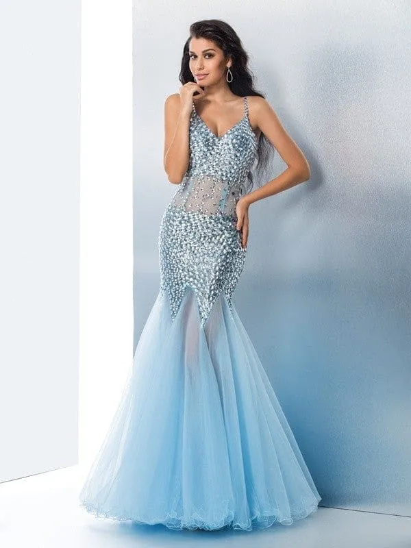 Robe de bal sirène élégante en tulle à paillettes, coupe trompette, bretelles spaghetti