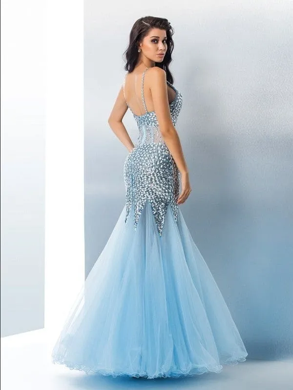 Robe de bal sirène élégante en tulle à paillettes, coupe trompette, bretelles spaghetti