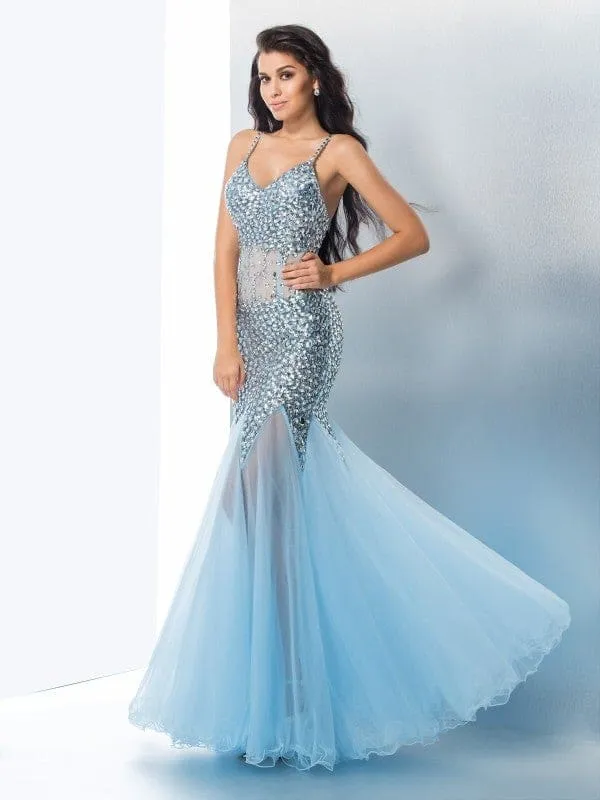 Robe de bal sirène élégante en tulle à paillettes, coupe trompette, bretelles spaghetti