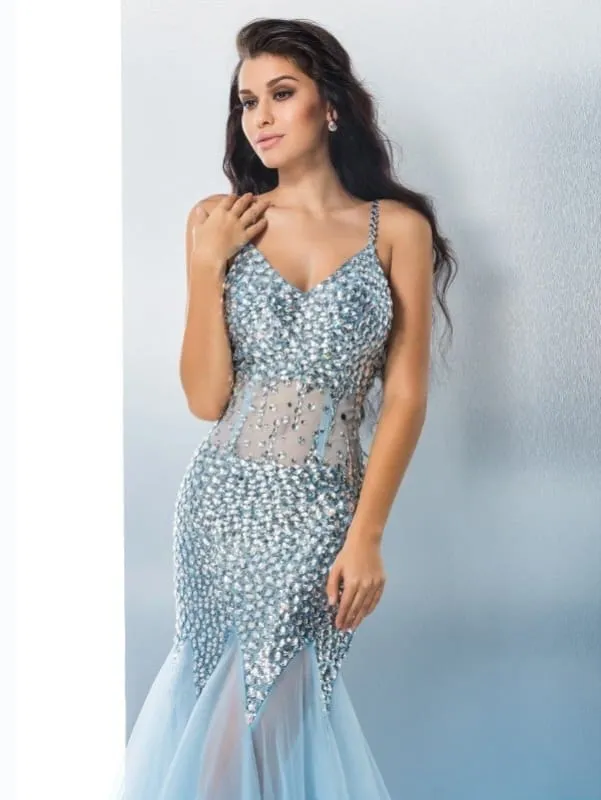 Robe de bal sirène élégante en tulle à paillettes, coupe trompette, bretelles spaghetti