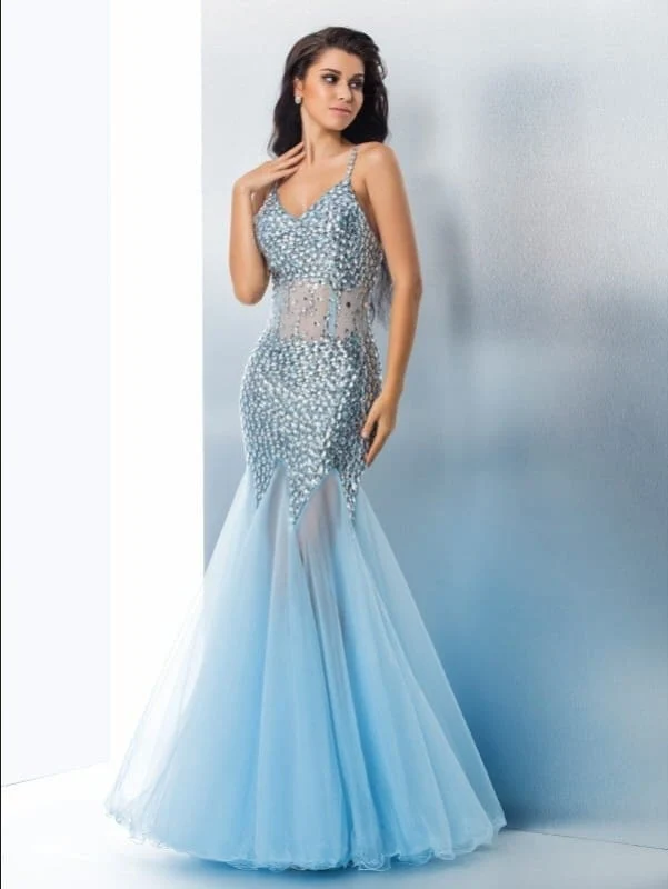 Robe de bal sirène élégante en tulle à paillettes, coupe trompette, bretelles spaghetti