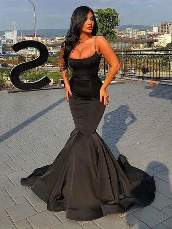 Robe de bal élégante en satin à volants, style sirène, sans manches, bretelles spaghetti