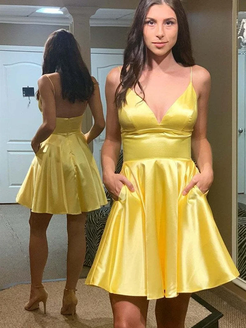 Robe de bal longue en satin jaune simple, décolleté en V, dos nu, pour remise de diplôme