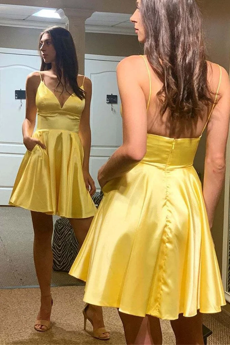Robe de bal longue en satin jaune simple, décolleté en V, dos nu, pour remise de diplôme