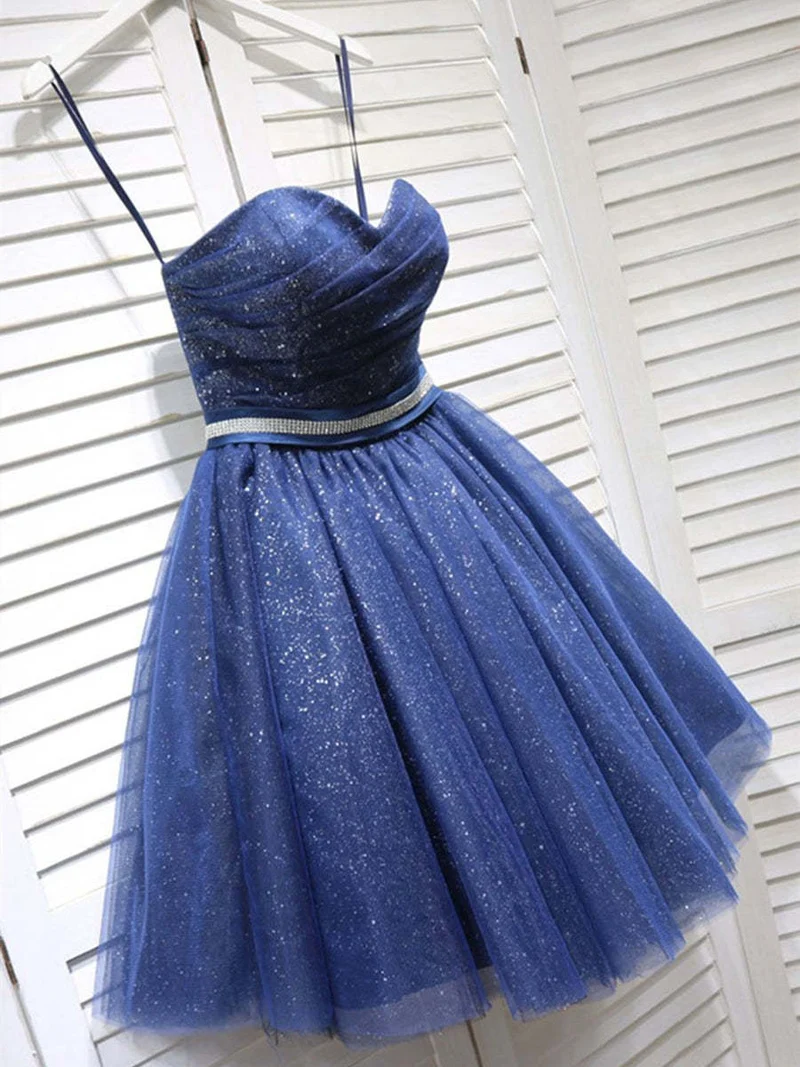 Robe de bal courte bustier bleu scintillant : élégante robe trapèze en tulle pour la rentrée et la remise des diplômes