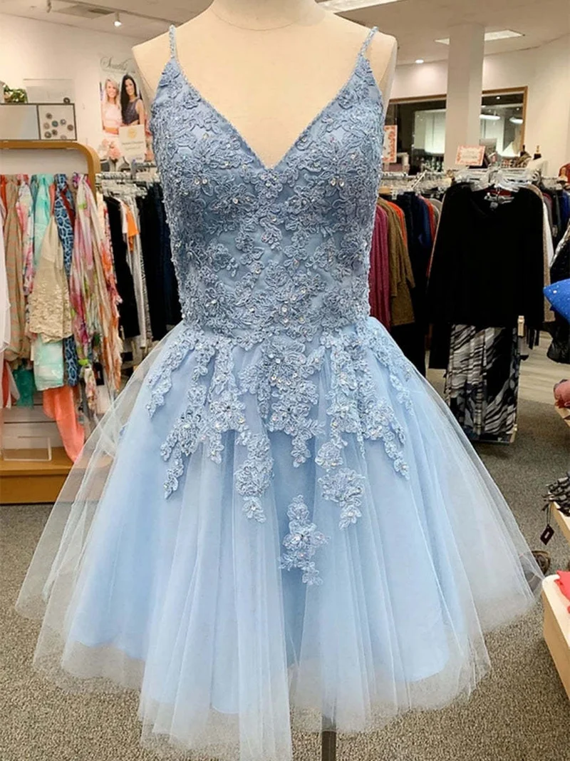 Robe de bal courte élégante à col en V et dentelle bleue pour femme