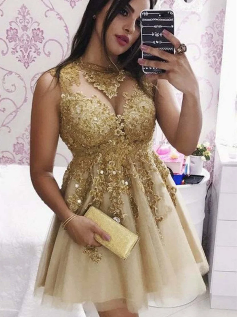 Robe de bal courte en dentelle dorée scintillante, élégante robe de soirée de remise de diplôme