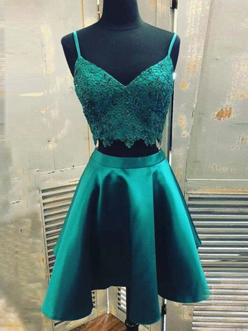 Robe de bal courte en dentelle verte, élégante, coupe trapèze, col en V, deux pièces