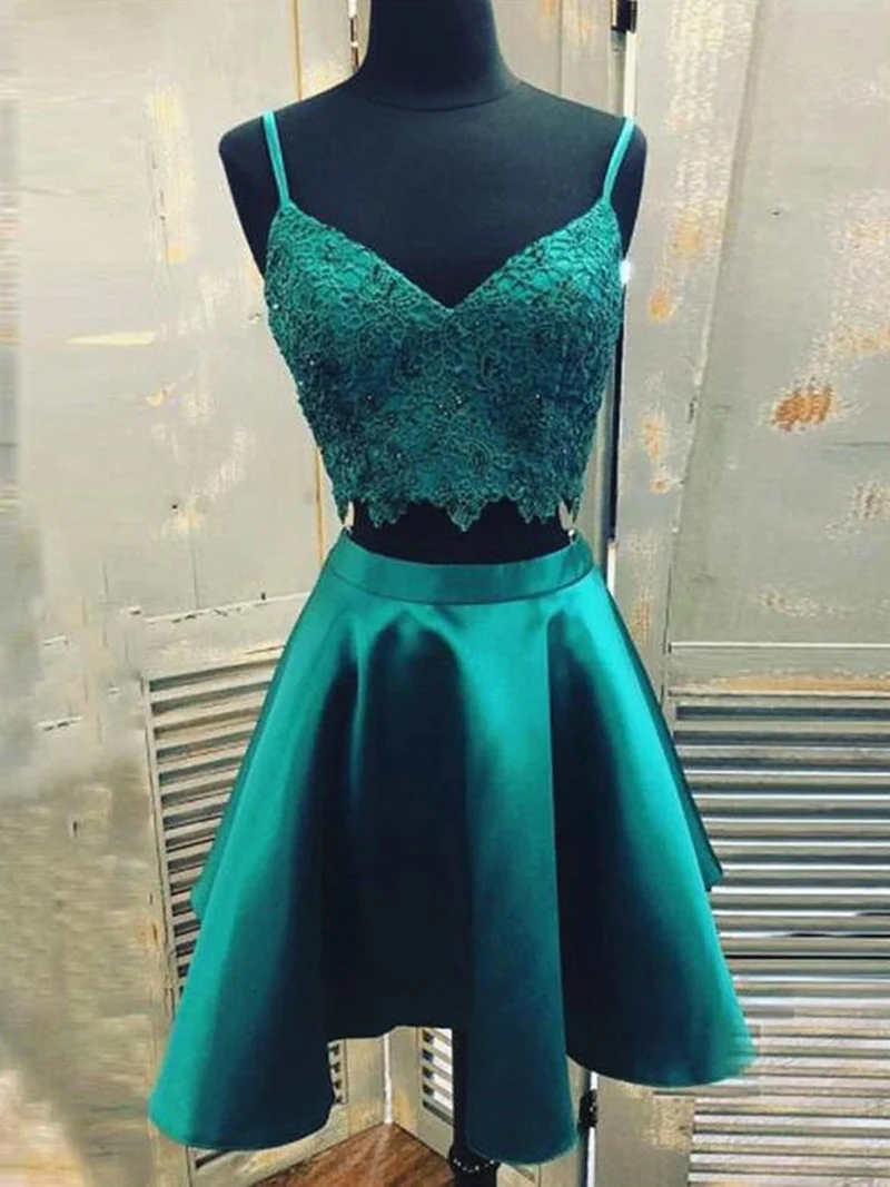Robe de bal courte en dentelle verte, élégante, coupe trapèze, col en V, deux pièces