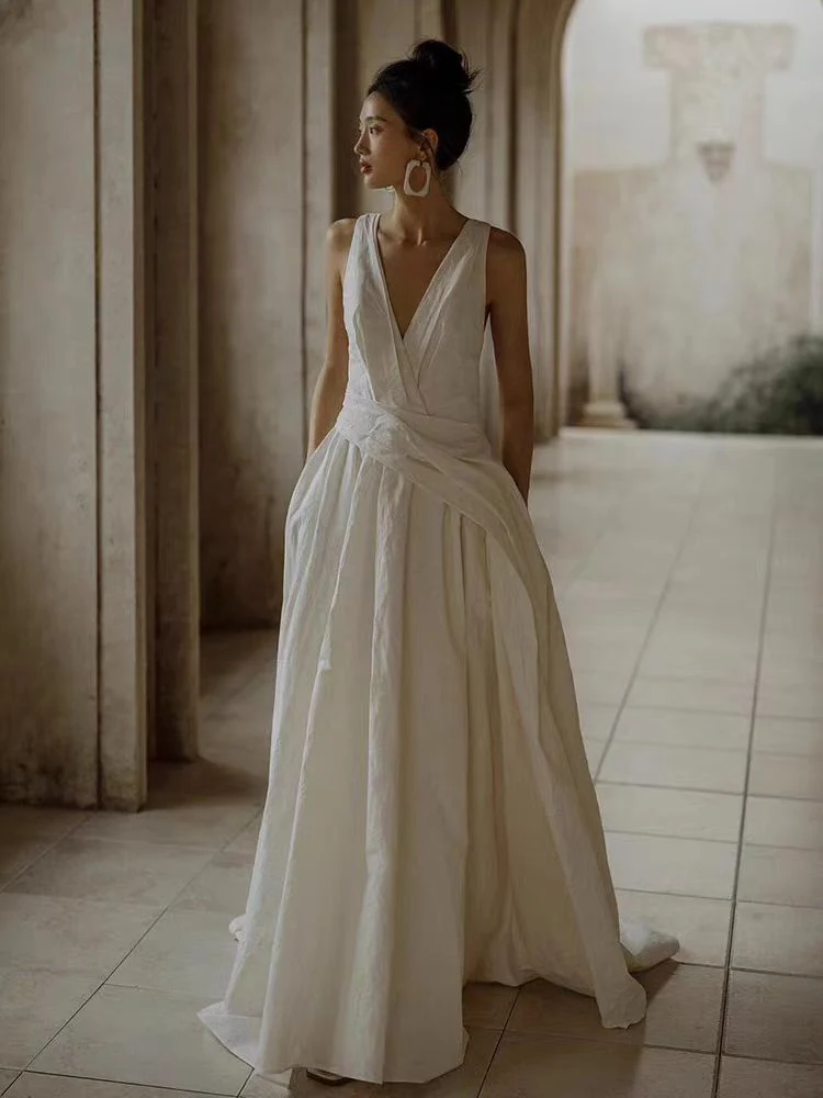 Robe de mariée dos nu en taffetas de soie 100 % style vintage avec poches