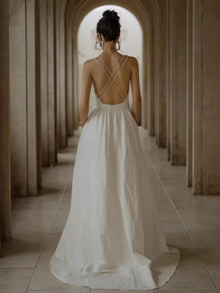 Robe de mariée dos nu en taffetas de soie 100 % style vintage avec poches