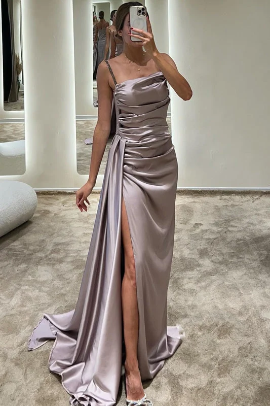 Robe de bal élégante bleu roi à bretelles spaghetti – Coupe sirène plissée amincissante