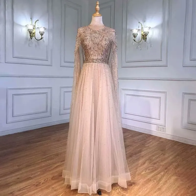 Robe de bal élégante à manches longues en tulle et paillettes, coupe trapèze flottante
