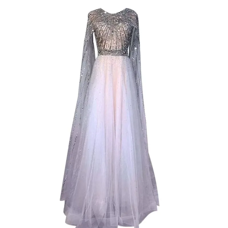 Robe de bal élégante à manches longues en tulle et paillettes, coupe trapèze flottante