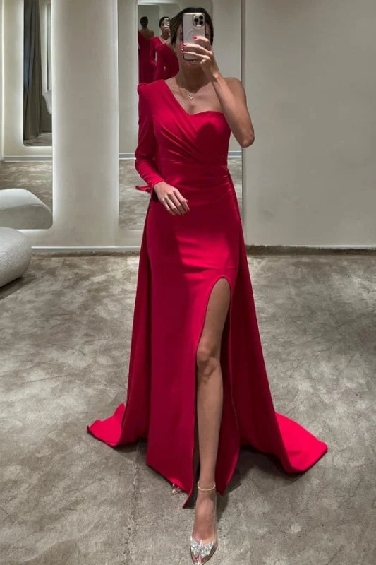 Robe de bal rouge élégante à une épaule avec fente sur le devant, style sirène