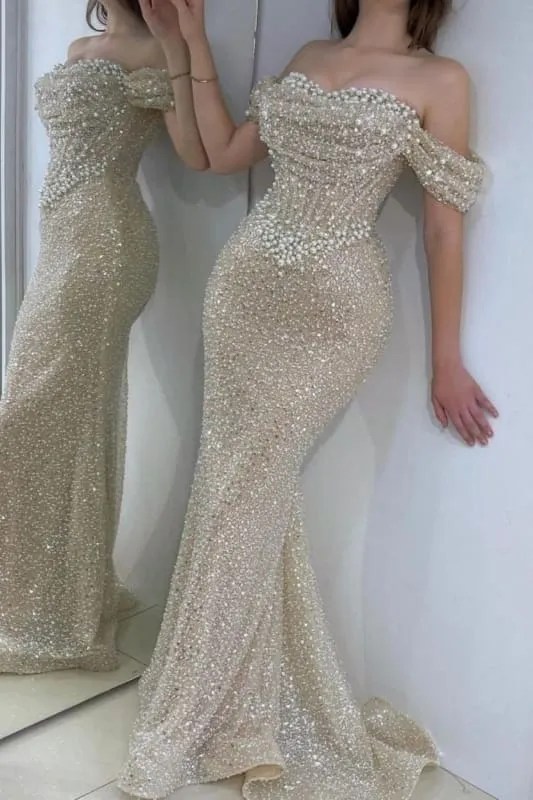 Robe de soirée sirène éblouissante à paillettes et épaules dénudées, longueur au sol, avec traîne