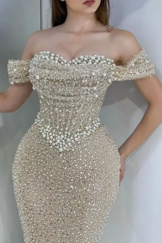 Robe de soirée sirène éblouissante à paillettes et épaules dénudées, longueur au sol, avec traîne