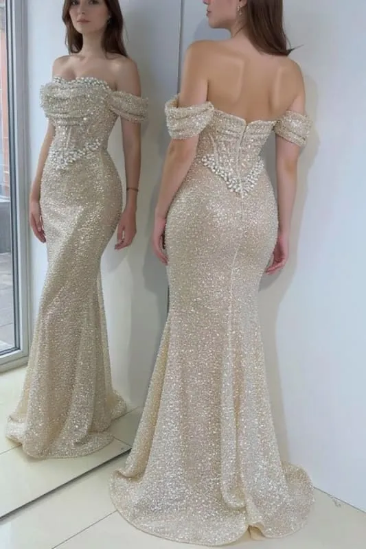 Robe de soirée sirène éblouissante à paillettes et épaules dénudées, longueur au sol, avec traîne
