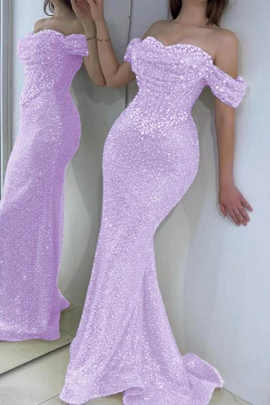 Robe de soirée sirène éblouissante à paillettes et épaules dénudées, longueur au sol, avec traîne
