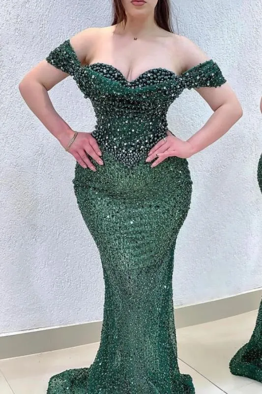 Robe de soirée sirène éblouissante à paillettes et épaules dénudées, longueur au sol, avec traîne