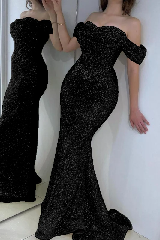 Robe de soirée sirène éblouissante à paillettes et épaules dénudées, longueur au sol, avec traîne