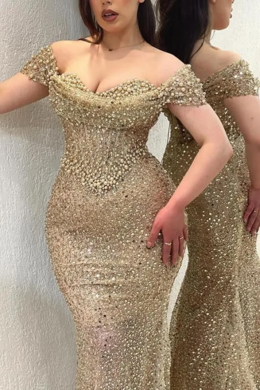 Robe de soirée sirène éblouissante à paillettes et épaules dénudées, longueur au sol, avec traîne