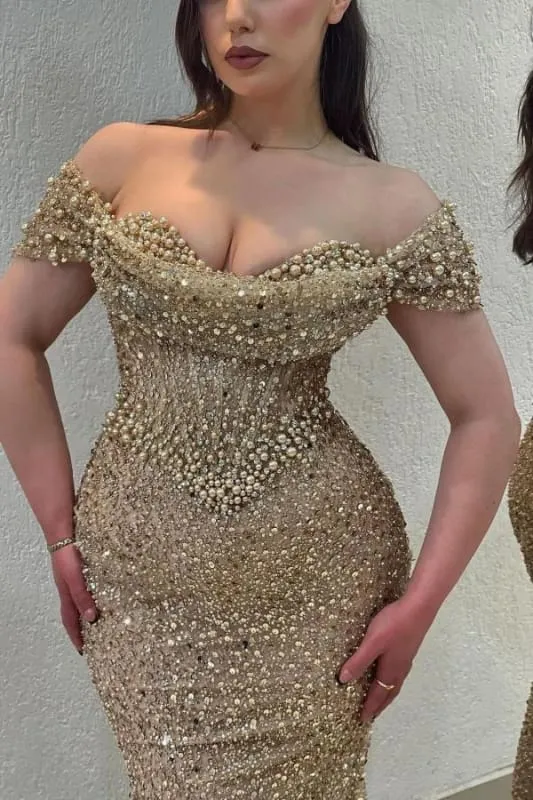 Robe de soirée sirène éblouissante à paillettes et épaules dénudées, longueur au sol, avec traîne