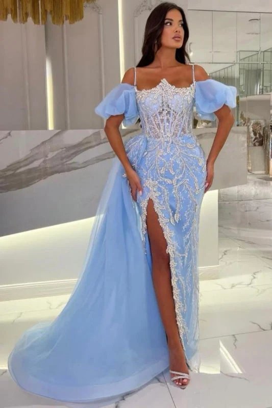 Robe trapèze à paillettes scintillantes : épaules dénudées, fente latérale, longue robe de bal et de soirée